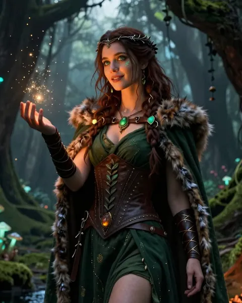 Adult woman casting forest magic, a druid