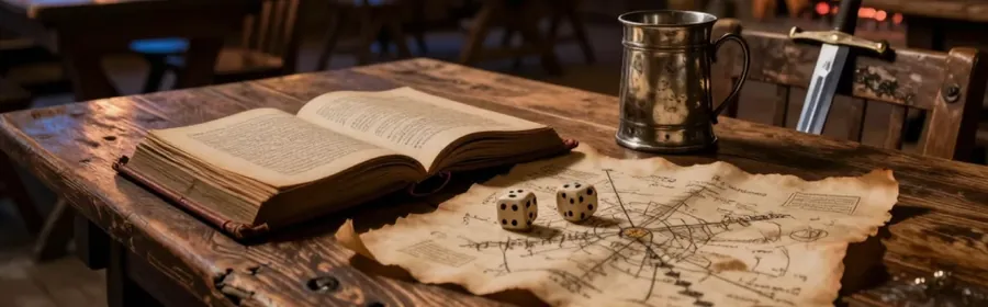 Open book, map and dice on a table, ready to plan a story